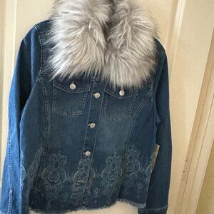 Chico’s Embellished Denim Jacket with Faux Fur Collar – New / Never Worn